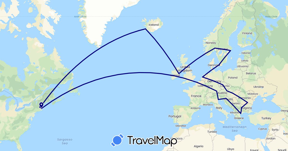 TravelMap itinerary: driving in Austria, Bulgaria, Czech Republic, Germany, Denmark, Greece, Croatia, Hungary, Ireland, Iceland, Italy, Netherlands, Norway, Romania, Sweden, United States (Europe, North America)