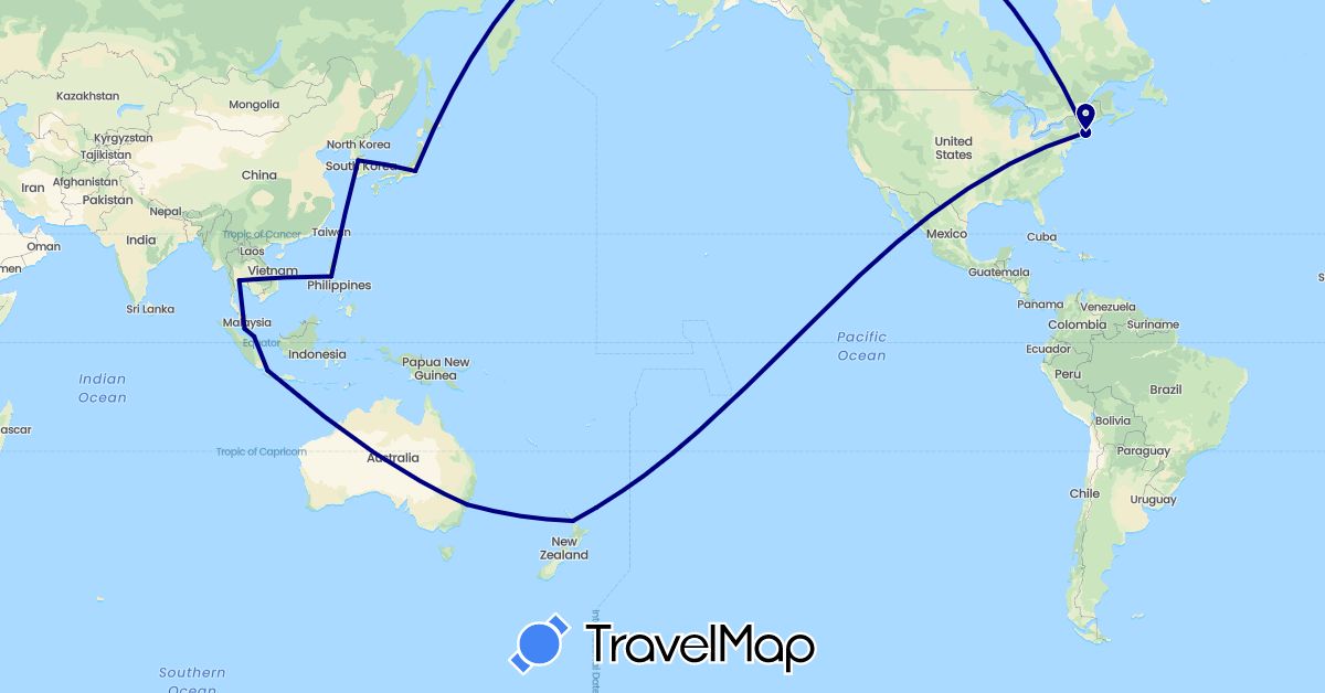TravelMap itinerary: driving in Australia, Indonesia, Japan, South Korea, Malaysia, New Zealand, Philippines, Singapore, Thailand, United States (Asia, North America, Oceania)