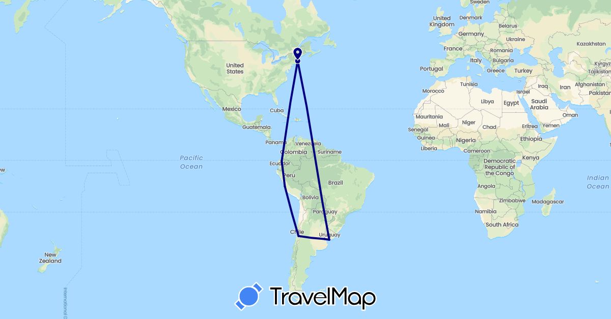 TravelMap itinerary: driving in Argentina, Chile, Ecuador, Peru, United States, Uruguay (North America, South America)